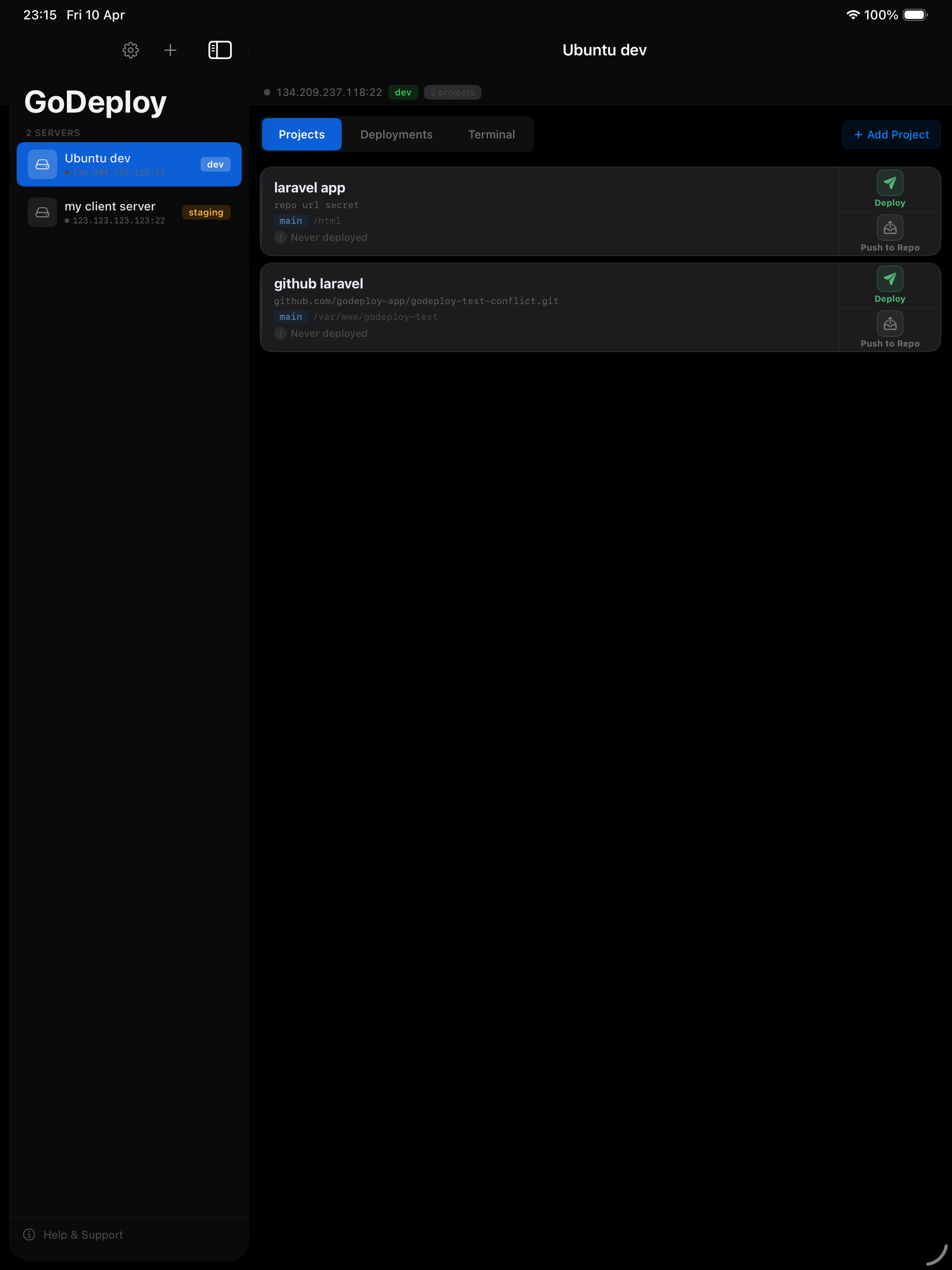 GoDeploy on iPad showing project list with deploy buttons and status
