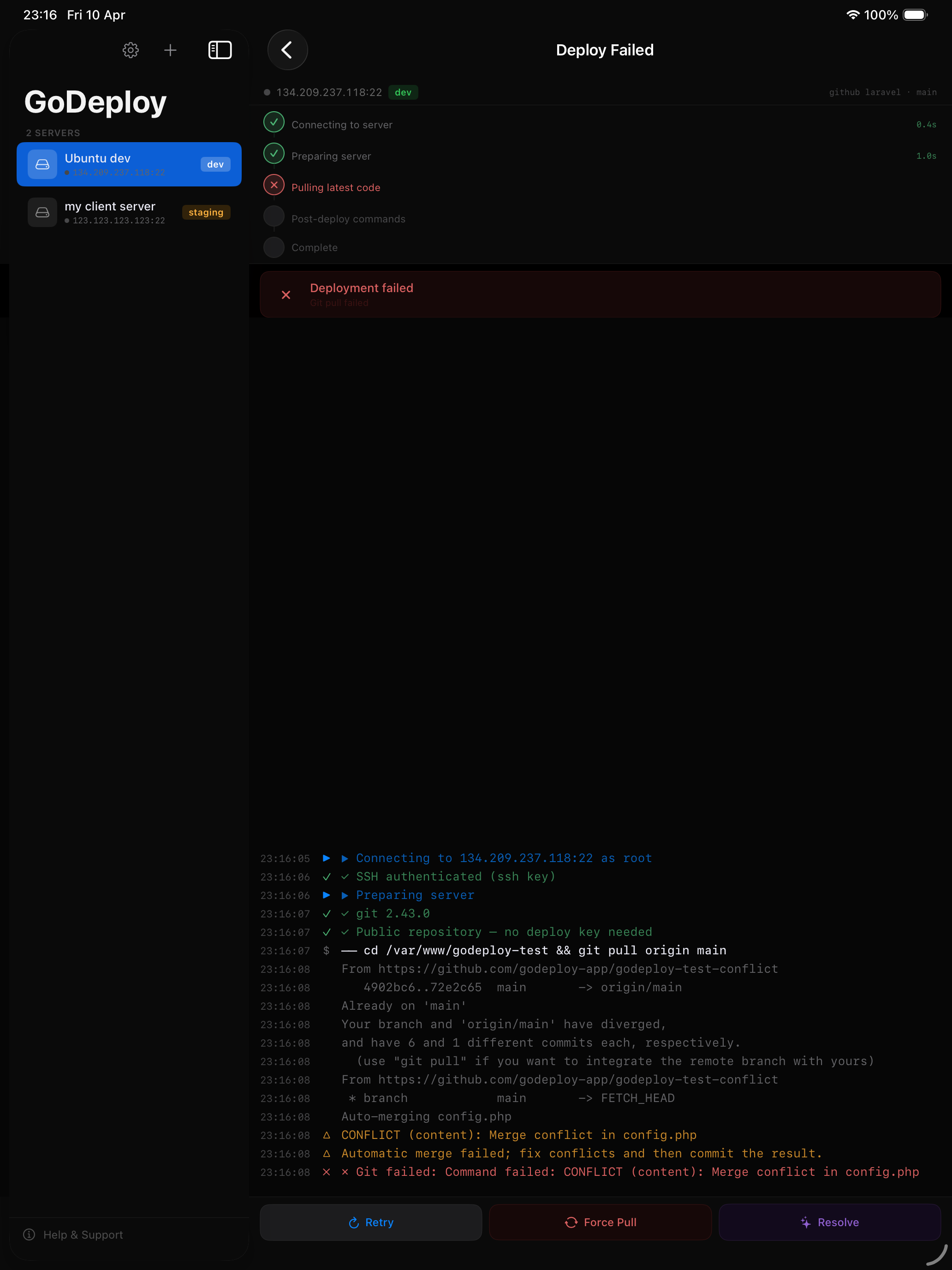 Deploy failure screen showing AI Fix analysis with suggested commands
