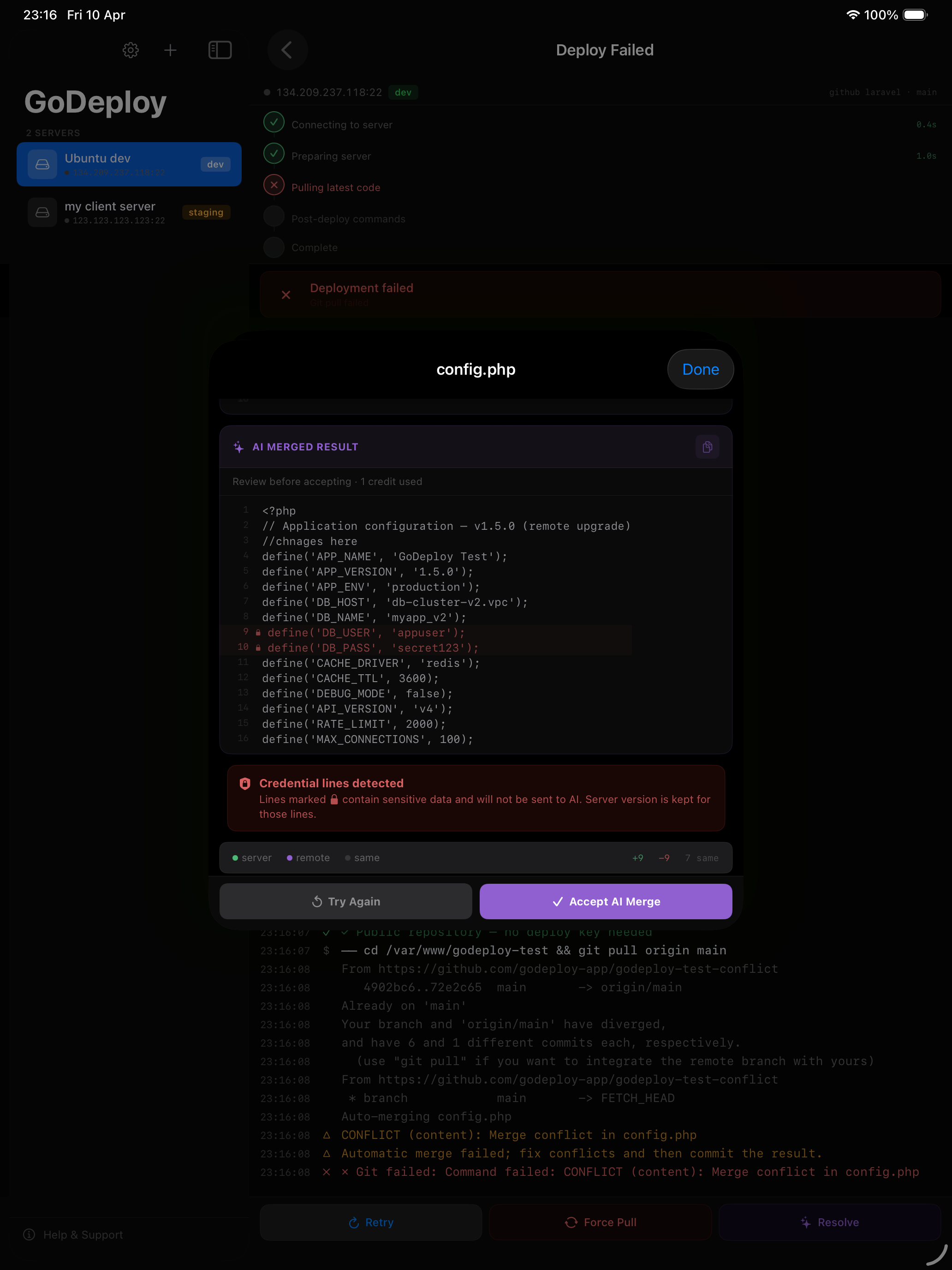 AI merge conflict resolution showing server vs remote file versions