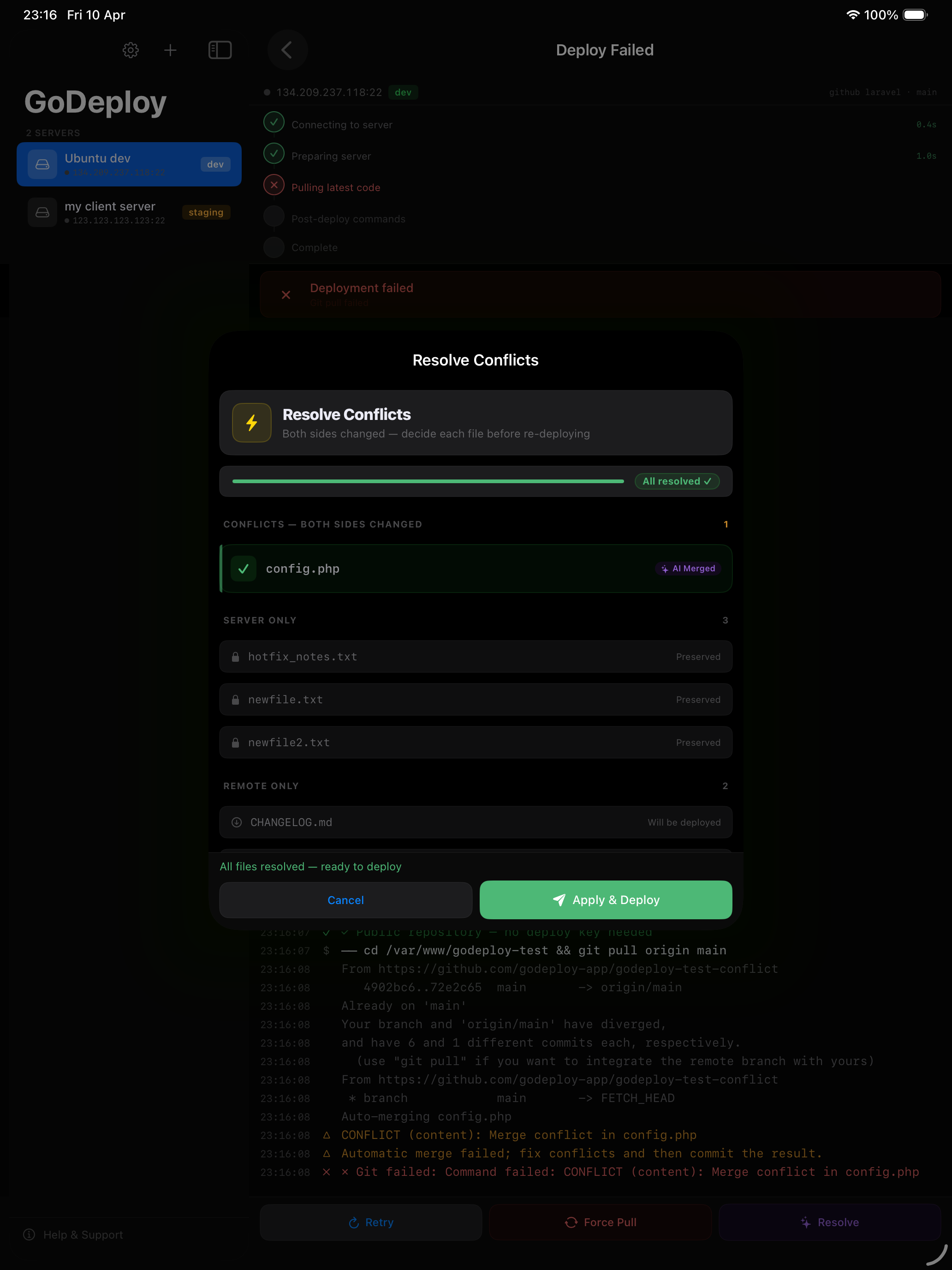 Successful deployment with all five steps completed