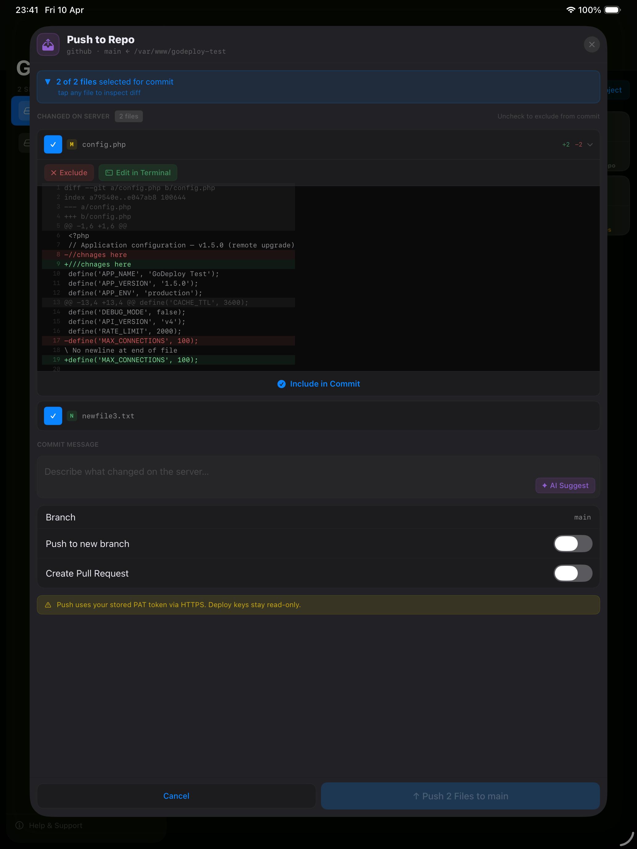 Push to Repo view showing changed files and commit interface